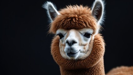 Cute alpaca portrait on black background