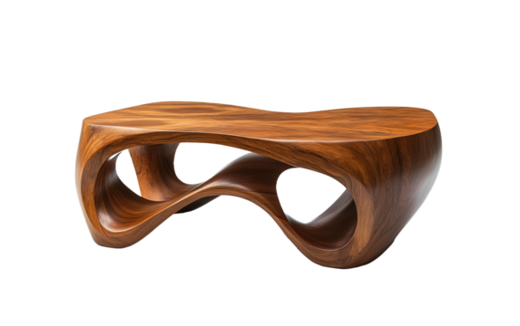 Wooden table with a curved design on transparent or white background