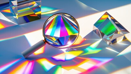 Detailed image of a crystal prism illuminated by light, creating a spectrum of colors and intricate shadow patterns on paper