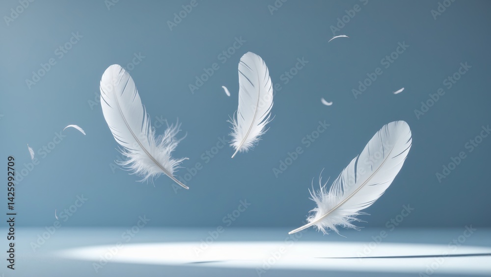 Poster abstract blue sky with falling feather patterns and floating birds