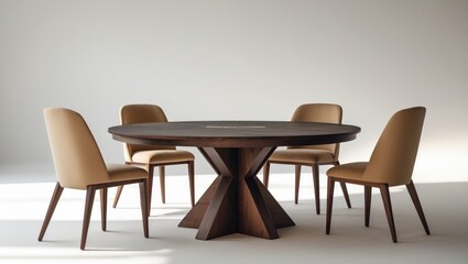 Contemporary round wooden dining table set against a white background