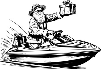 Santa claus delivers summer joy on jet ski coastal beach graphic illustration fun environment whimsical viewpoint christmas in july