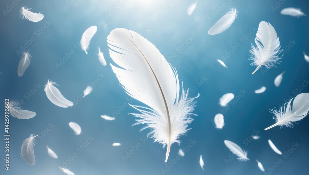 Poster elegant white feather pattern with soft floating birds in a blue sky background