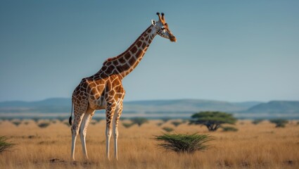 Obraz premium Critically endangered male Nubian Giraffe wandering the East African plains under a blue sky