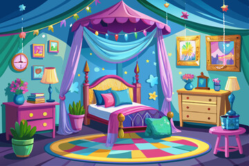 vector of Children's bedroom for girls, decoration for girls, canopy bed, realistic 3D interior, decoration, trend, architect, design, fashion, comfortable, colorful, fun