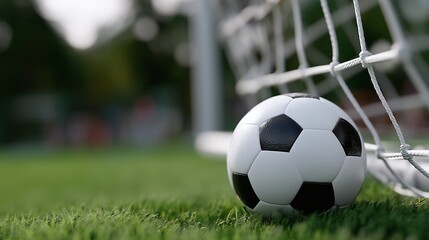 Soccer ball resting near goalpost on lush green field, capturing anticipation of imminent play