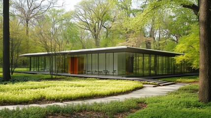 Fototapeta premium Modern glass pavilion nestled within a lush green park