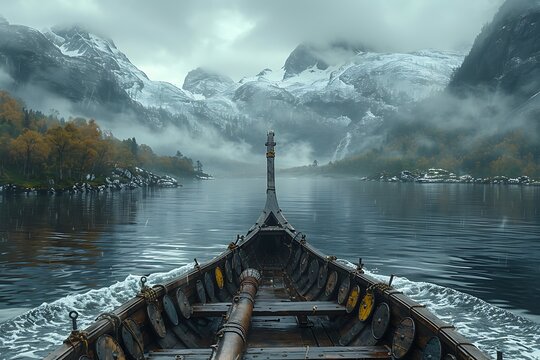 Viking longship with dragon head in Norwegian fjord at dawn, mist, mountains, Viking Age realism