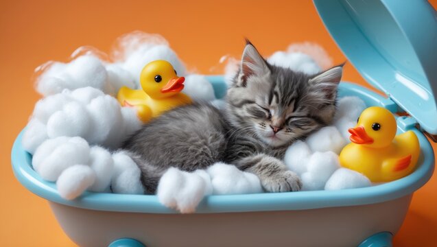 Cute kitten sleeping in toy bathtub with floating rubber ducks for a relaxing pet care scene - Powered by Adobe
