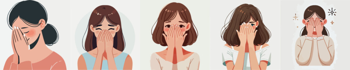 set vector people embarrassed with Hands covering cheeks