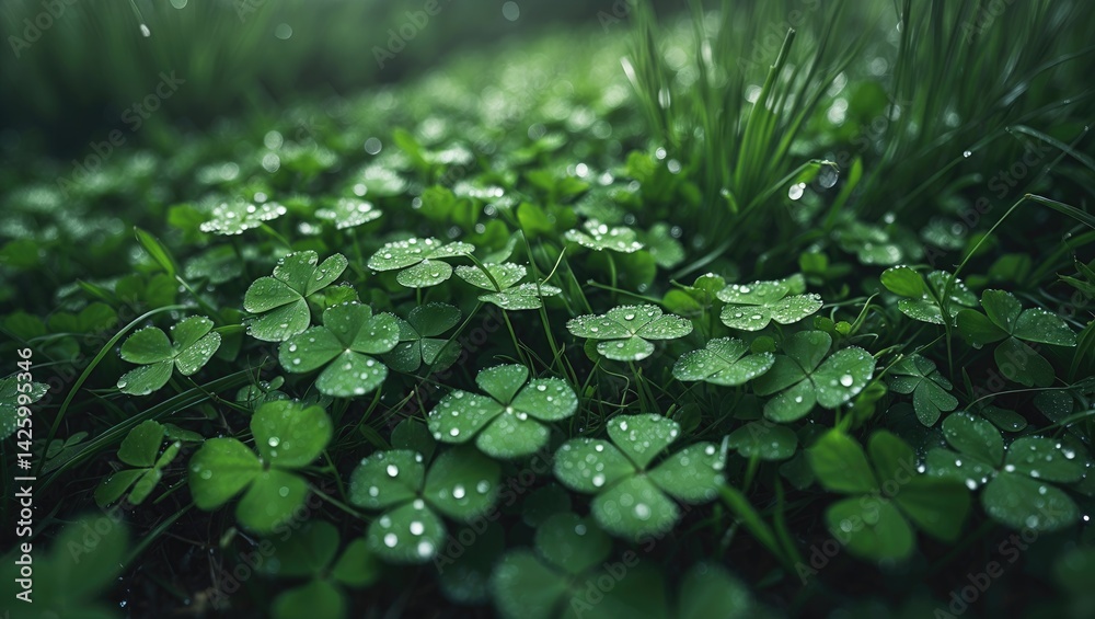 Aufkleber top view of lush green clover leaves with dew drops on grass in a natural outdoor setting