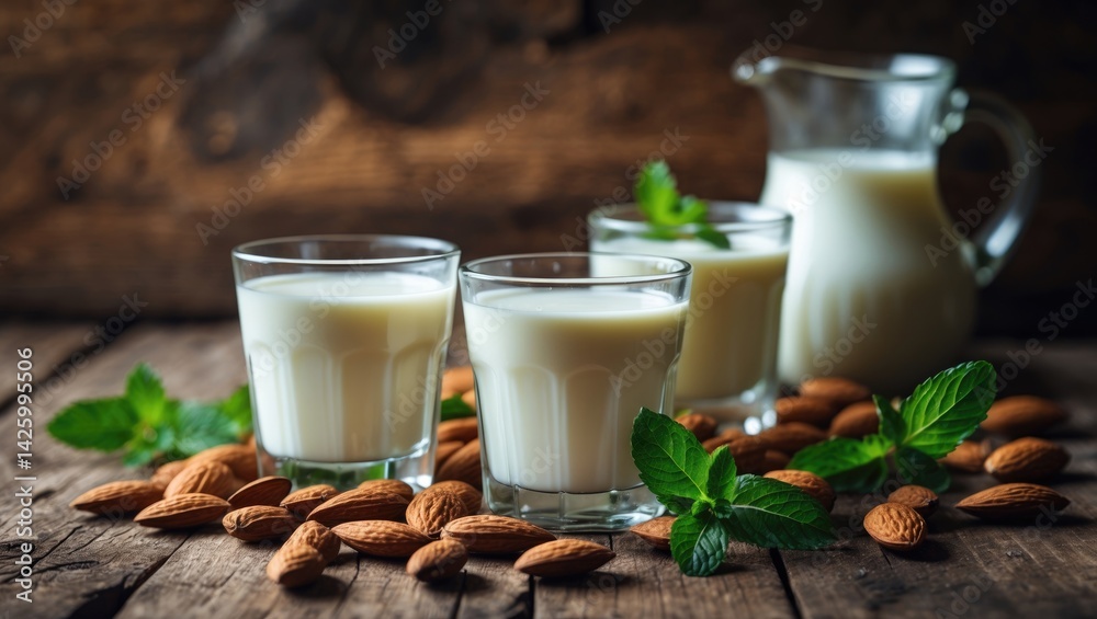 Poster almond and milk on wooden background in rustic style with selective focus