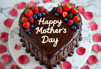 Heart-Shaped Chocolate Cake with Ganache, Berries, and 'Happy Mother's Day' Message on Marble Plate