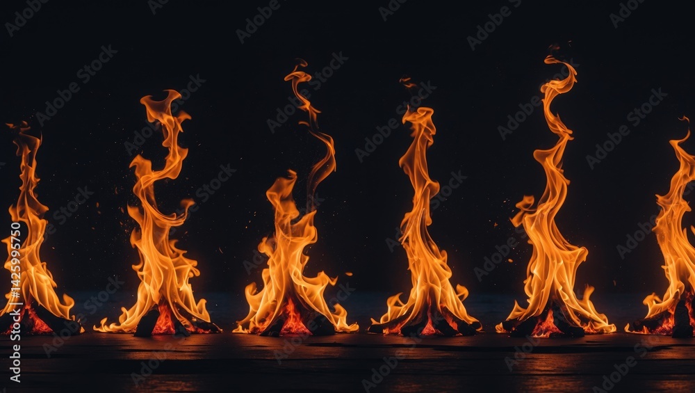 Poster abstract flames ensemble isolated against a background with burning effects and flames in the night 