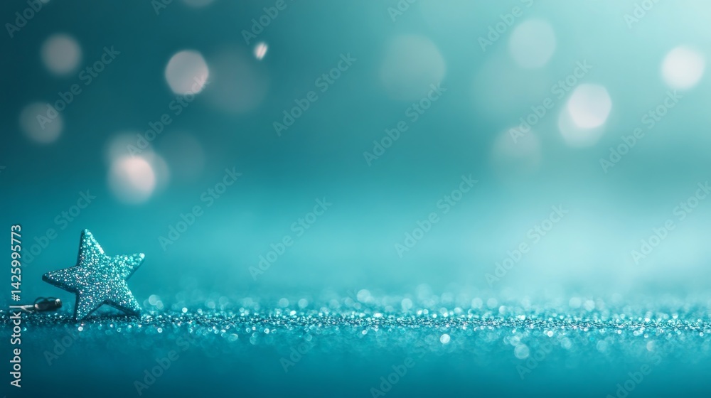 Poster a close-up view highlights a sparkling turquoise star ornament resting on a pastel blue surface, sho