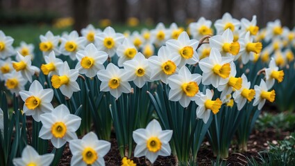 Fototapeta premium Numerous white daffodils blooming in the park
