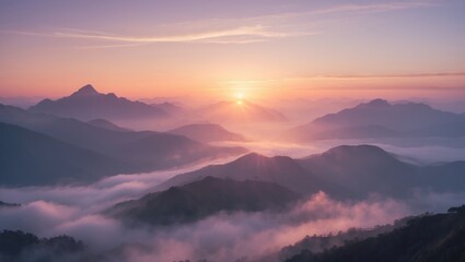 Fototapeta premium Experience the serenity of a peaceful sunrise illuminating misty mountain valleys with golden light