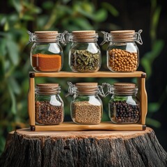 Six glass spice jars with cork lids are neatly arranged on a two-tiered bamboo stand, sitting atop a rustic tree stump against a blurred green background showcasing a variety of