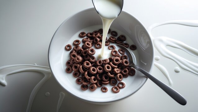 Milk cascading into a bowl of corn-flakes