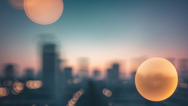 Abstract double exposure of blurry city skyline with round light circles and lens flare effect on a night construction background.
