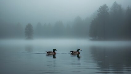 Naklejka premium Serene morning scene of two ducks swimming on a foggy lake with natural landscape and moody atmosphere