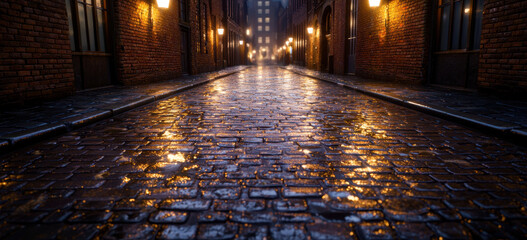 cobblestone alleyway illuminated by warm street lamps creates serene and atmospheric scene. wet pavement reflects light, enhancing charm of this urban setting