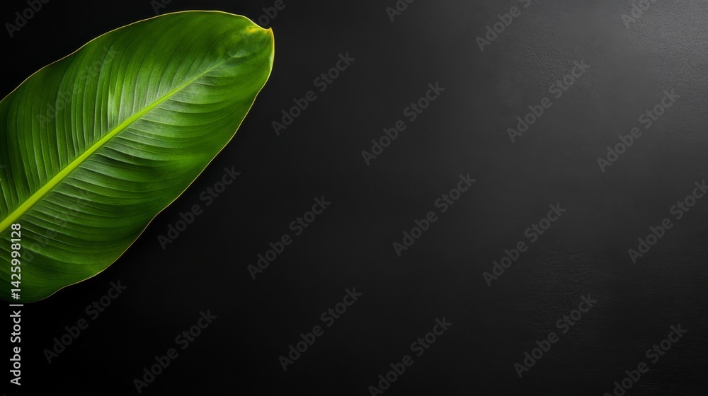Fototapete a detailed tropical leaf glows softly against a black background, creating a striking abstract visua