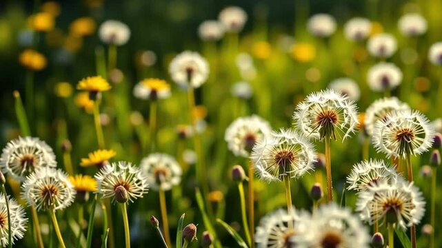 Close-Up of Dandelions in Bloom and Seed Stage on Sunny Meadow