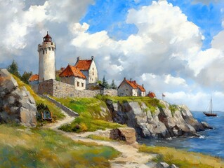 Coastal Lighthouse Vista Stone buildings cliffside and distant sail