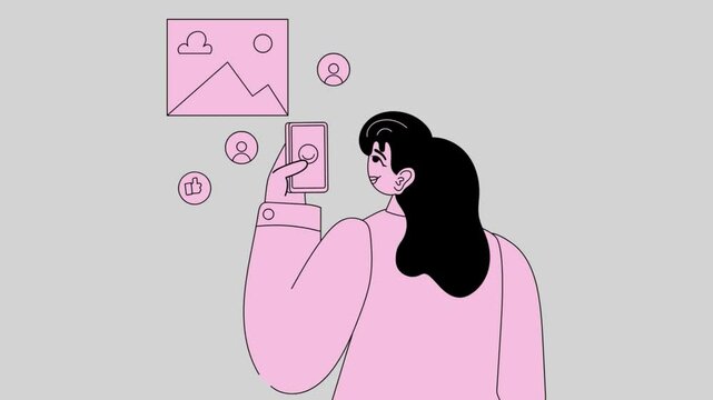 Cartoon animaton of a woman using a smartphone for social media