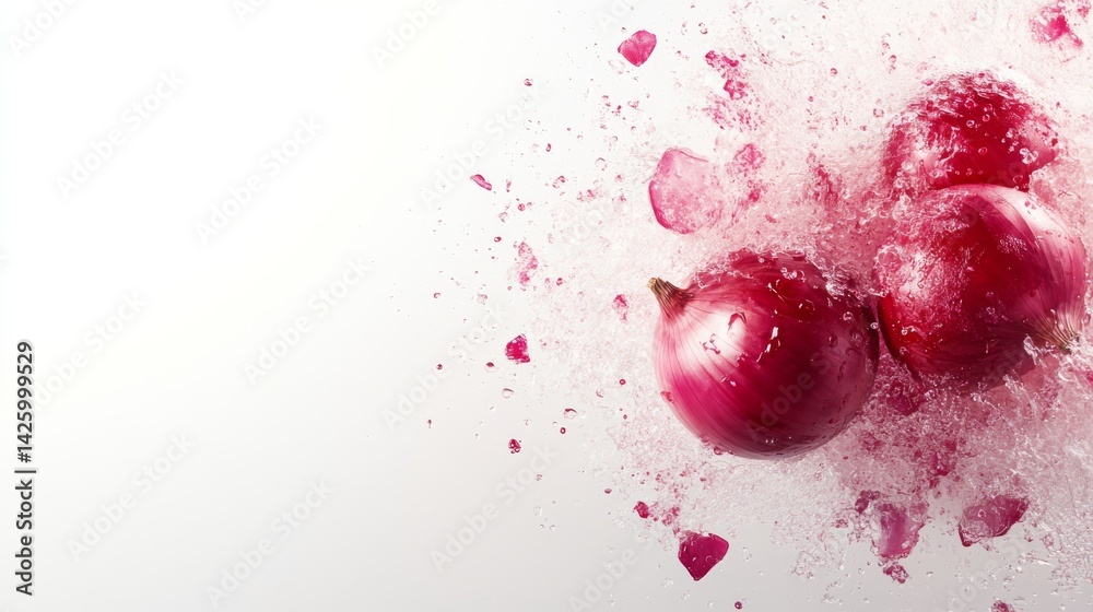 Poster a single red onion bursts with dynamic energy, water droplets reflecting light as onion layers freez