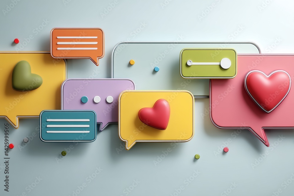 Aufkleber Modern Healthcare Chatbot Design Featuring Colorful Speech Bubbles and Heart Symbols Emphasizing User Engagement and Digital Interaction