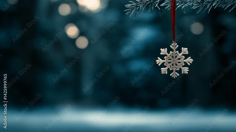 Poster a delicate white snowflake-shaped ornament, tied with a red bow, hangs gracefully from a pine branch