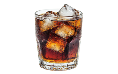Glass of soda with ice cubes in it on transparent or white background