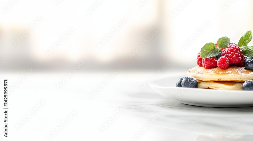 Poster close-up view of a ceramic plate with a stack of pancakes topped with fresh raspberries and blueberr