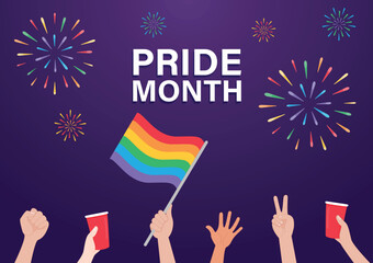 pride month theme background colorful firework and hands raised in the air holding a rainbow flag and beverage cup vector template social media banner