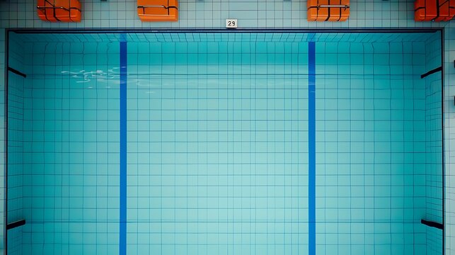 Aerial view of a blue tiled swimming pool with vertical blue lines
