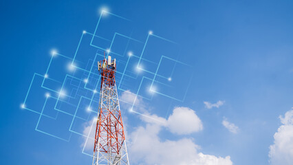 Telecommunication tower with digital network overlay on blue sky background, representing 5G technology, wireless communication, connectivity, and digital transformation for modern infrastructure.