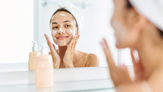 Mindful Beauty Ritual: Smiling Woman Applies Purifying Facial Mask for Radiant Skin Glow. Pampering Self-Care & Home Spa Routine for Wellness. - Powered by Adobe