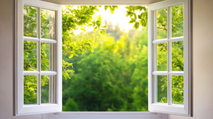 Naklejka premium serene view of open white PVC windows reveals lush green landscape outside, filled with vibrant leaves and soft sunlight filtering through. This peaceful scene evokes sense of tranquility