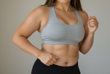 Woman with light skin, long brown hair, wearing light blue sports bra, black leggings, showing arm fat. Concept of body confidence, weight loss, emphasizing arm fat.