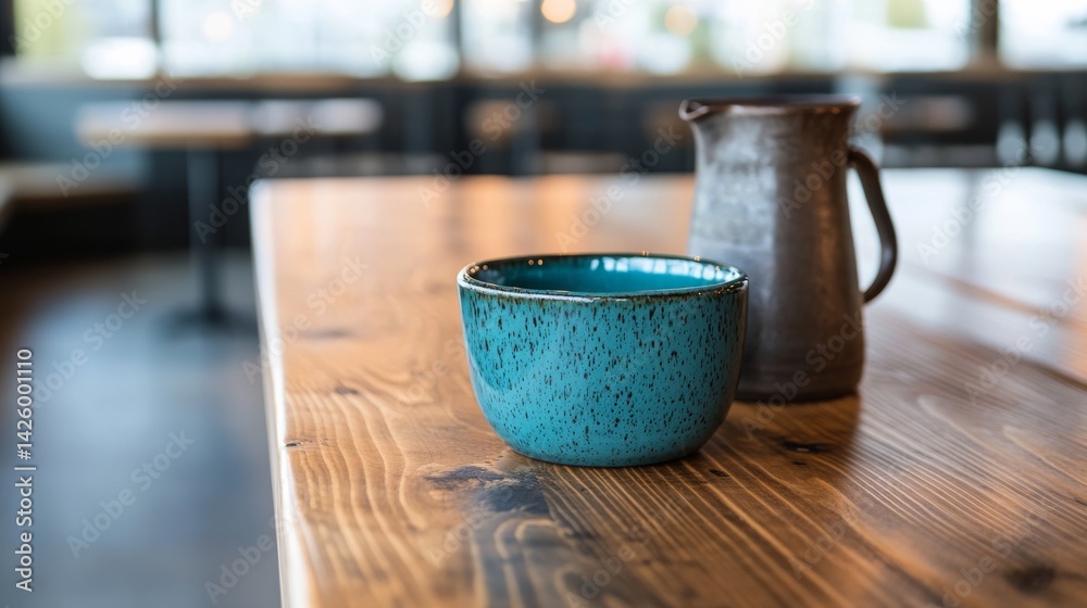 Poster ceramic bowl with a speckled glaze sits near a vintage jug on a wooden tabletop, illuminated by soft