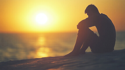 Depressed and anxiety person at the beach during summer sunset
