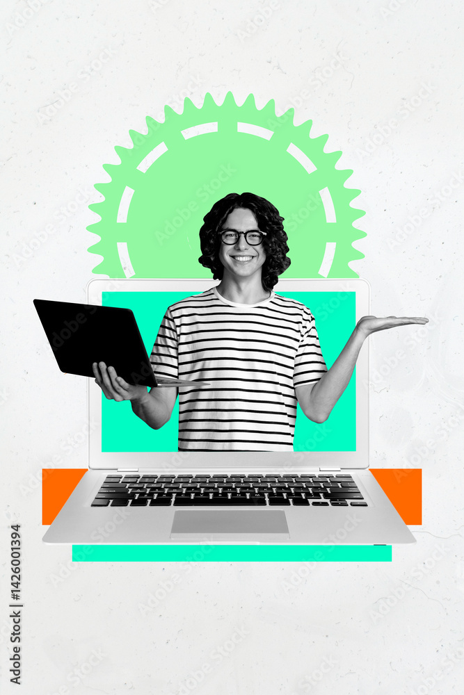 Poster creative pinup collage of person in netbook with cog gear wheel demonstrate hand white color backgro