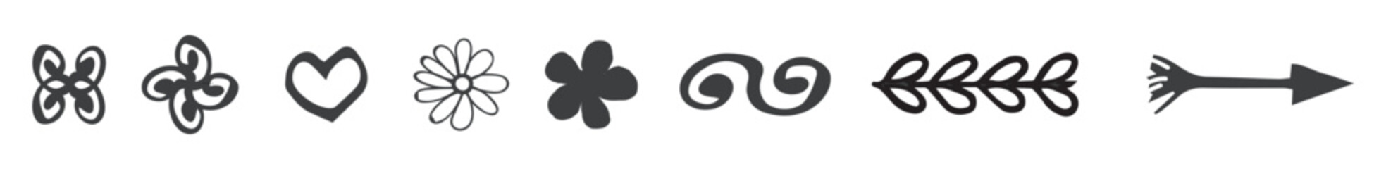 A collection of black doodle lines and abstract random icons on an isolated background