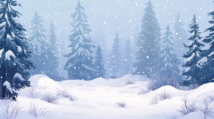 Snowfall in winter forest with snow-covered fir trees and snowdrifts