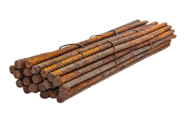 Bundle of rusty iron rods are stacked on top of each other on transparent or white background