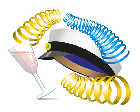 Traditional Swedish graduation cap for "Studenten", to celebrate the finish from Gymnasium. Glass of champagne or "snaps" and serpentines.	