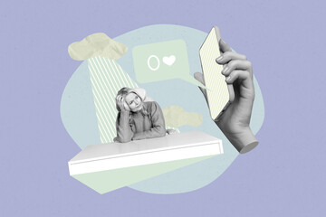 Creative banner collage of person sit table with hand show cell phone zero likes on purple background