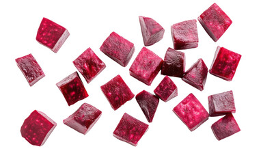 Close up of many small pieces of red food on transparent or white background
